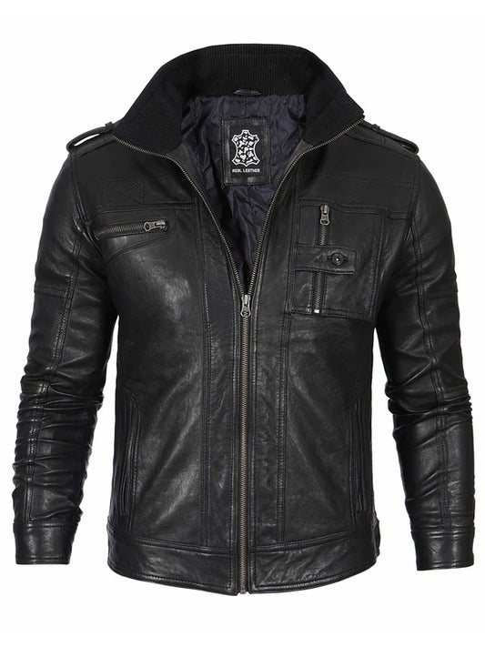 Mens Black Waxed Cafe Racer Leather Jacket