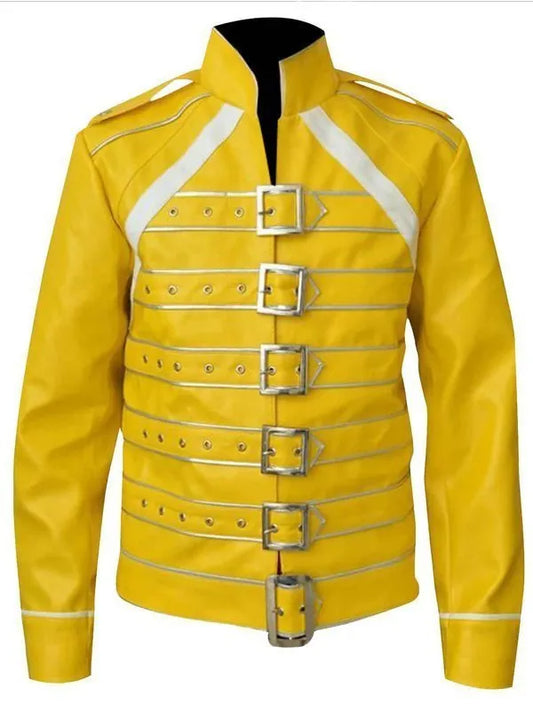 Men's Yellow Rock-Inspired Faux Leather Buckle Jacket – Performance Style Costume Jacket