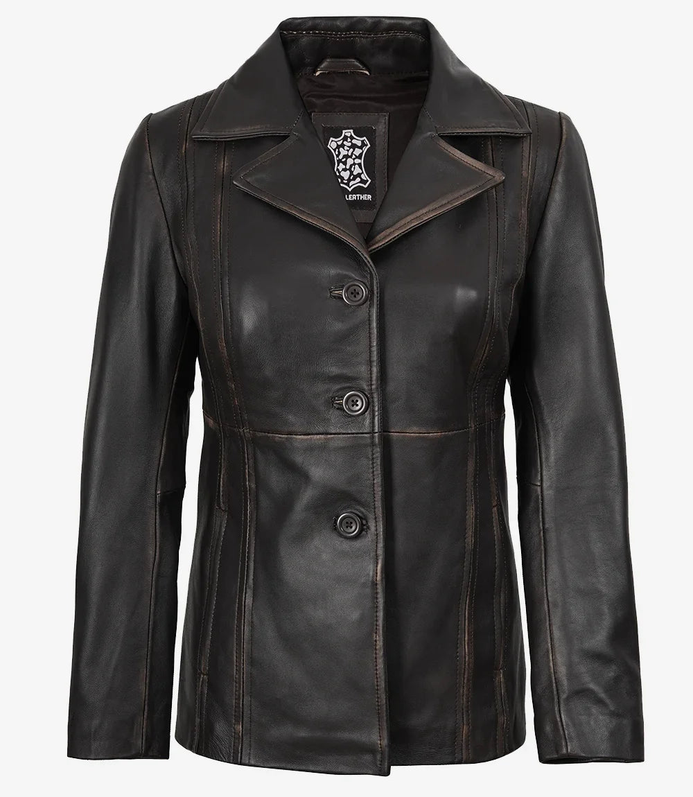 Women's Three Button Distressed Brown Leather Blazer