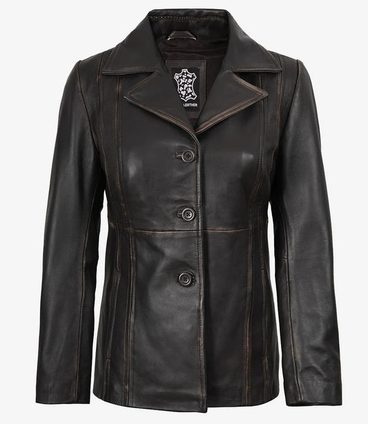 Women's Three Button Distressed Brown Leather Blazer