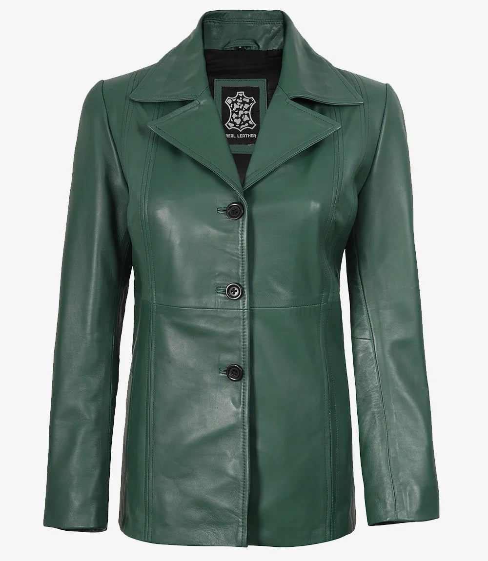 Womens Three Button Green Leather Blazer