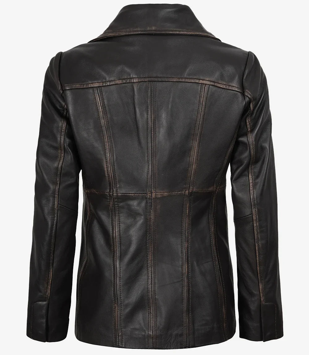 Women's Three Button Distressed Brown Leather Blazer