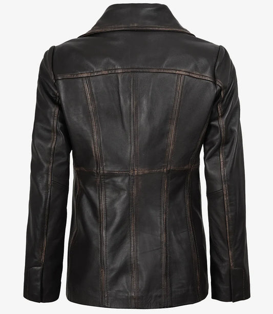 Women's Three Button Distressed Brown Leather Blazer