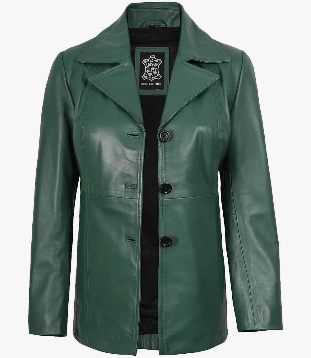 Womens Three Button Green Leather Blazer