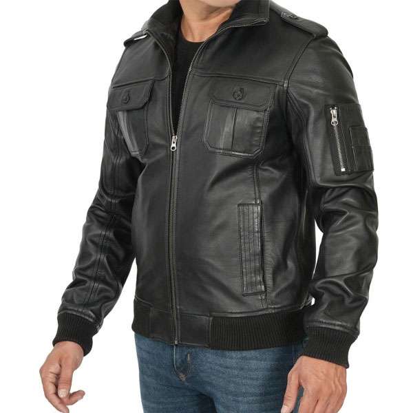 Men’s Black Leather Bomber Jacket with Zip Closure