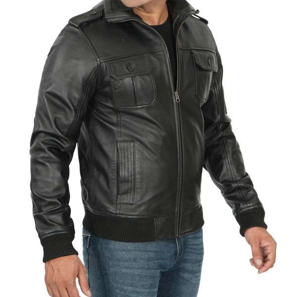 Men’s Black Leather Bomber Jacket with Zip Closure