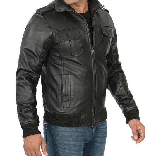 Men’s Black Leather Bomber Jacket with Zip Closure