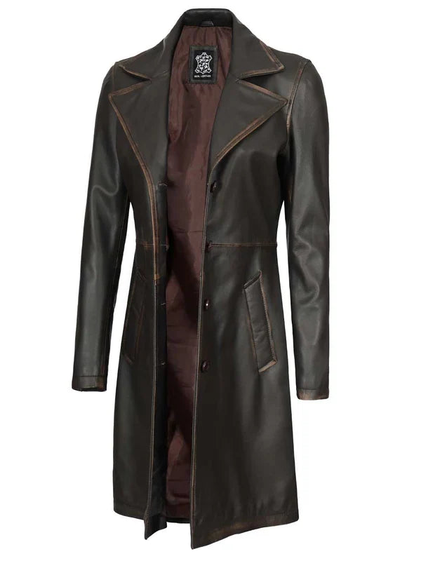 Bryson Women's Rub Off Dark Brown Leather Long 3/4 Coat