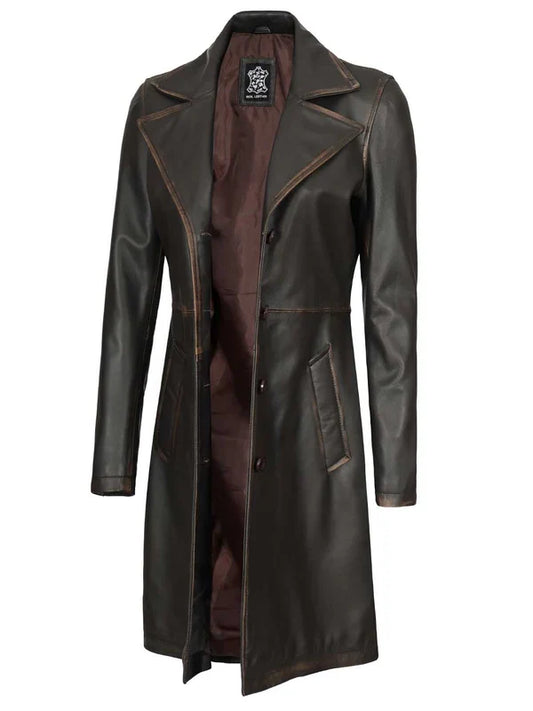 Bryson Women's Rub Off Dark Brown Leather Long 3/4 Coat