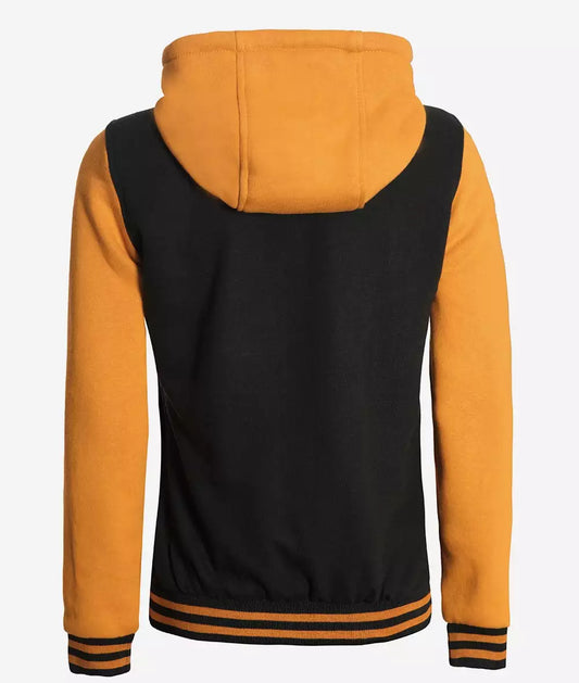 Women’s Black and Yellow Varsity Jacket – Hooded Letterman Bomber
