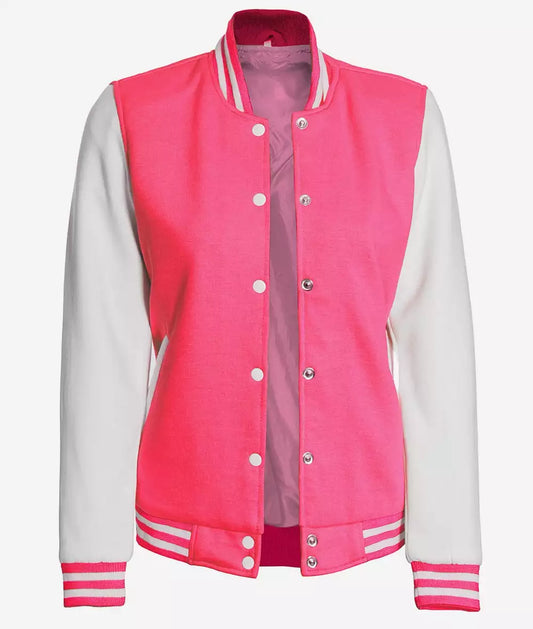 Women's Pink and White Varsity Baseball Jacket - Bomber Style