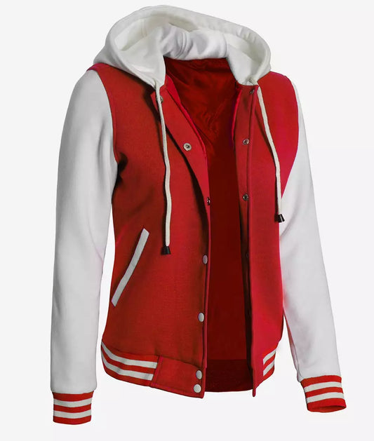 Women's Red and White Hooded Varsity Jacket - Highschool Baseball Style