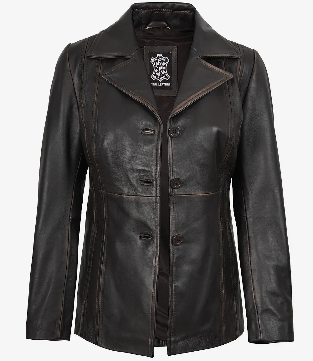 Women's Three Button Distressed Brown Leather Blazer