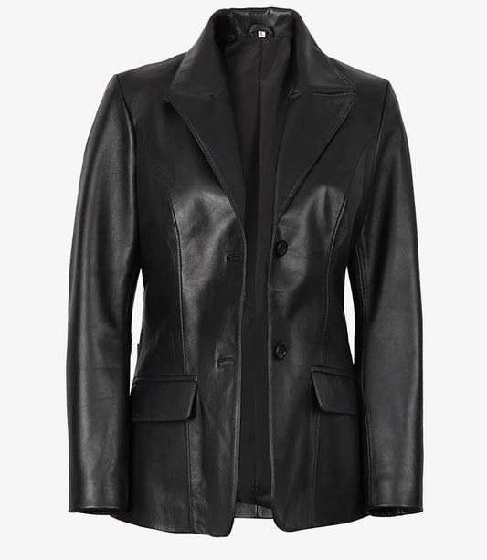 Women's Two Button Black Leather Blazer