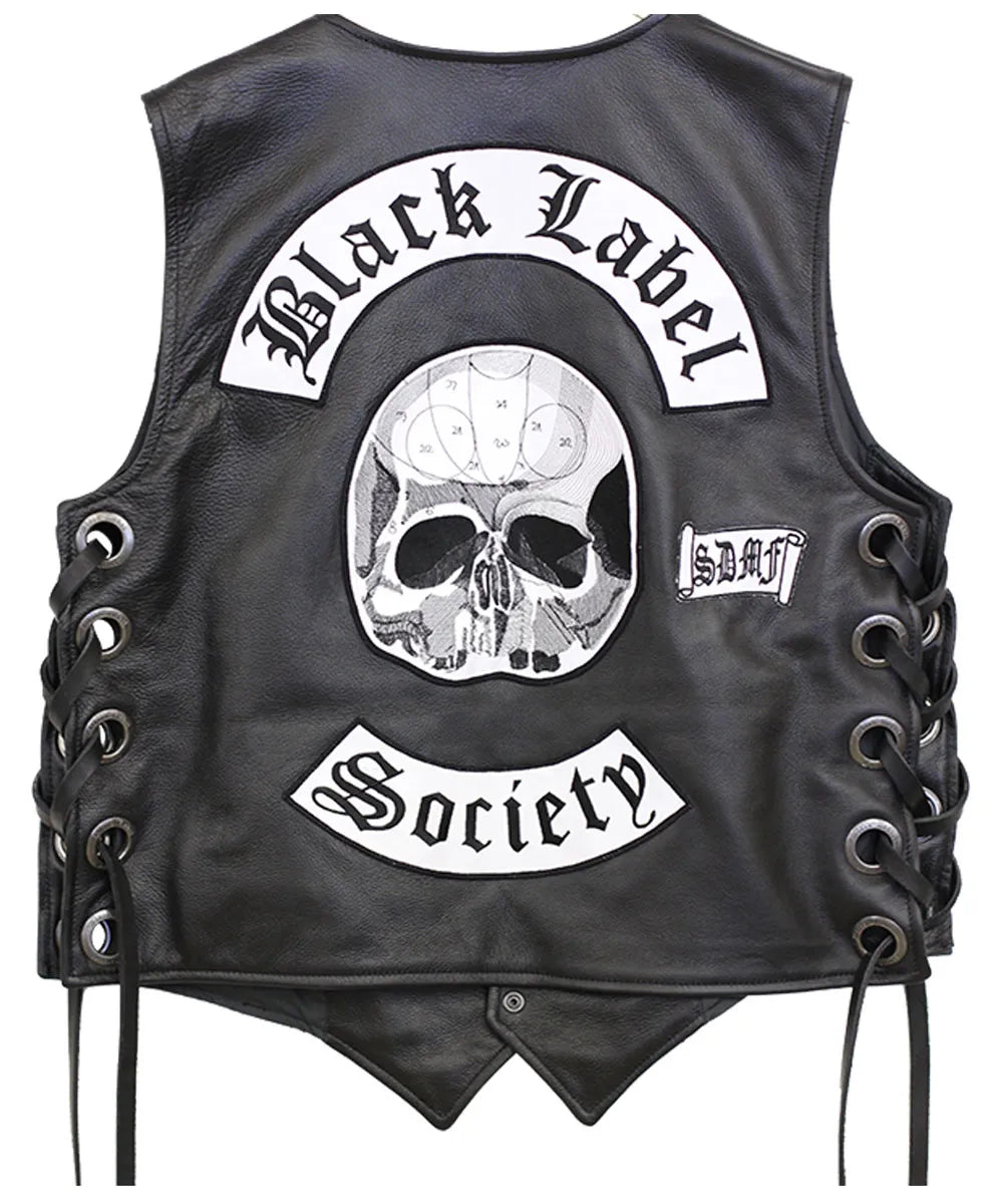 Men's Premium Black Leather Biker Vest with Decorative Patch Style
