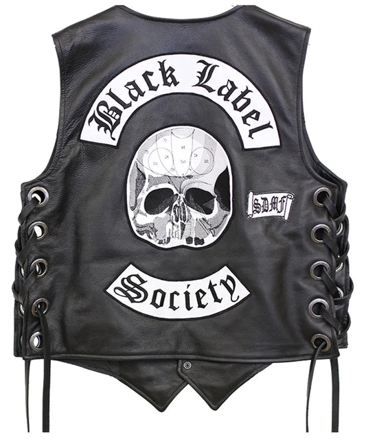 Men's Premium Black Leather Biker Vest with Decorative Patch Style