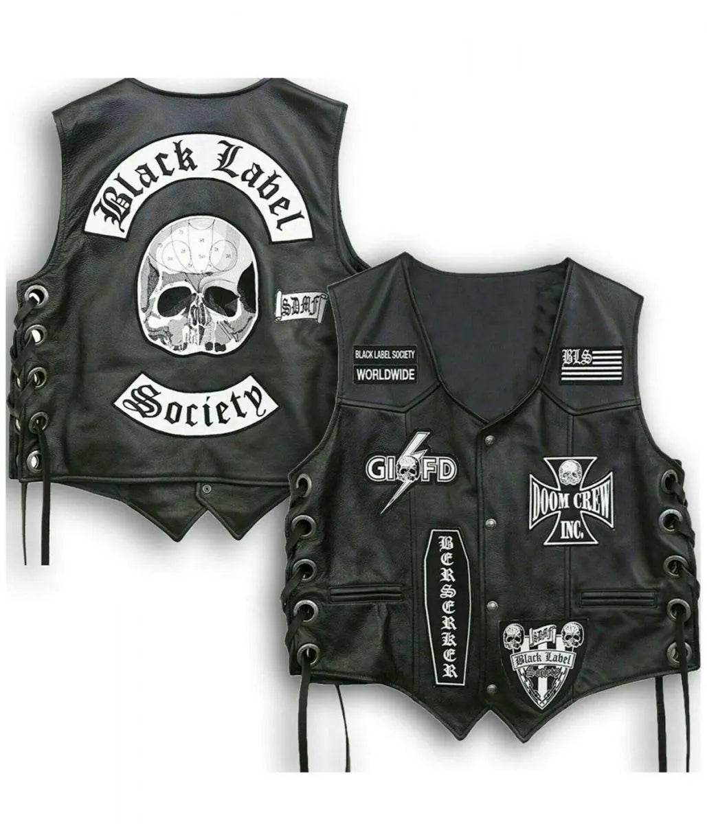 Men's Premium Black Leather Biker Vest with Decorative Patch Style