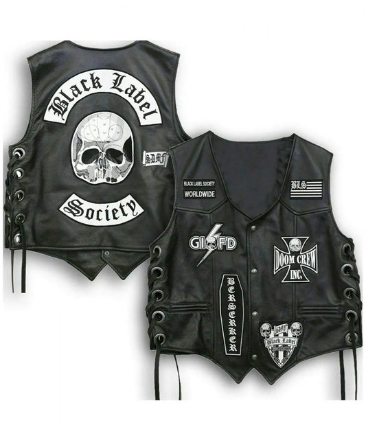 Men's Premium Black Leather Biker Vest with Decorative Patch Style