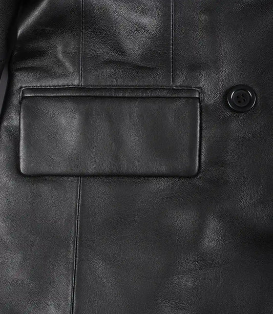 Notch Lapel Collar Double Breasted Black Leather Coat Women