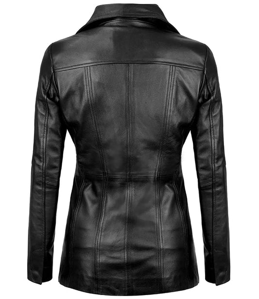 Womens Black Leather Blazer with Three Button