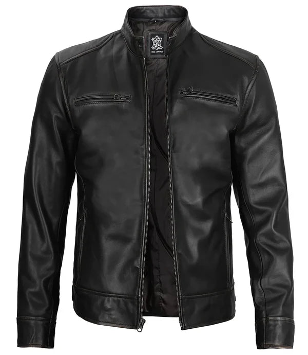 Dodge Men's Black Cafe Racer Leather Jacket