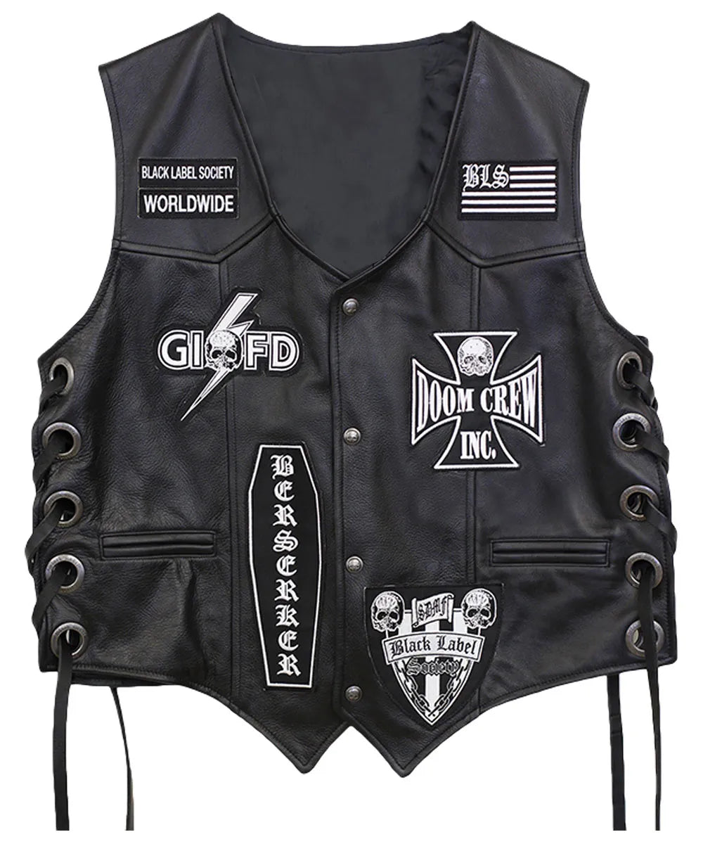 Men's Premium Black Leather Biker Vest with Decorative Patch Style