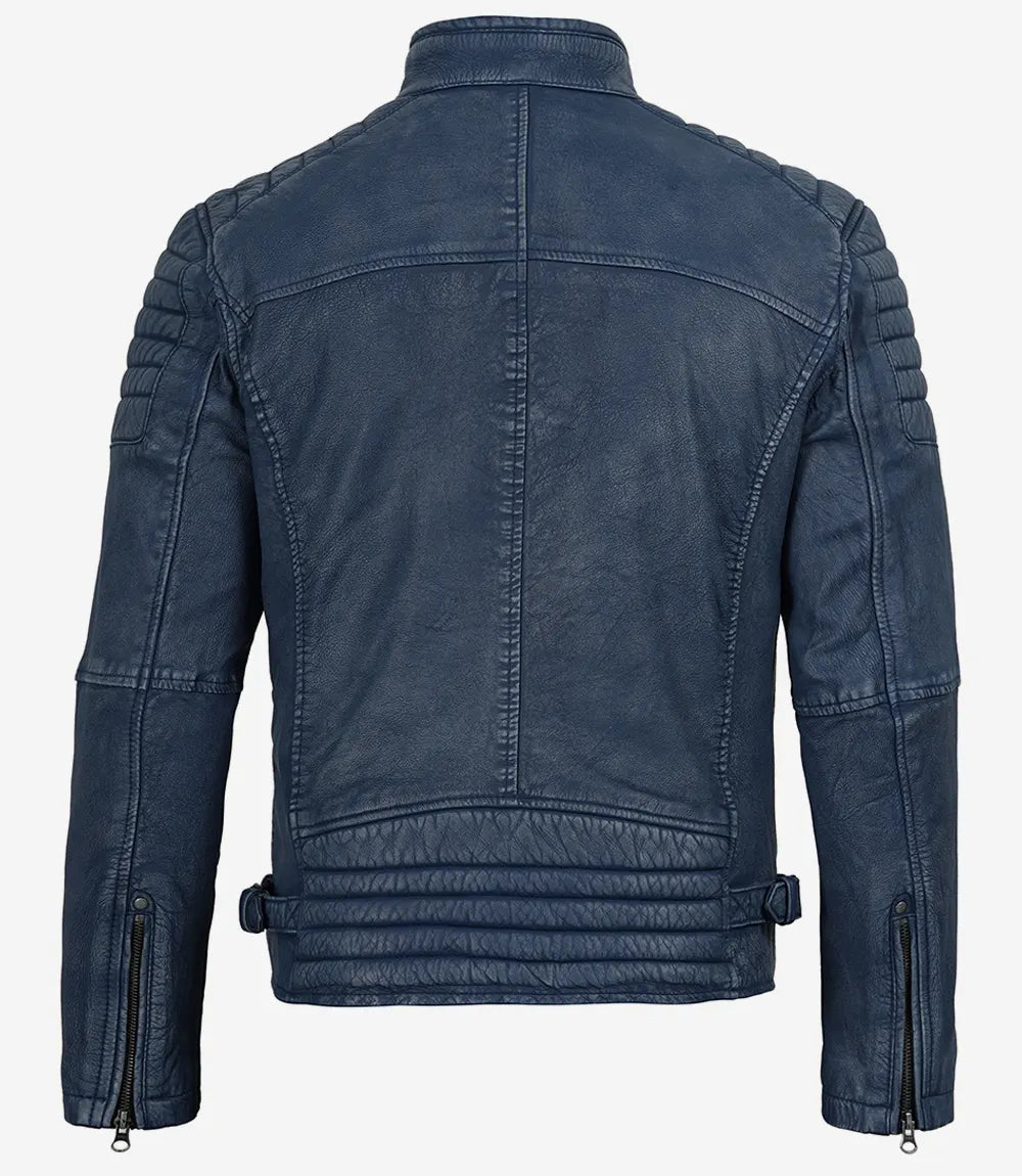 Men's Washed Blue Distressed Lambskin Biker Jacket