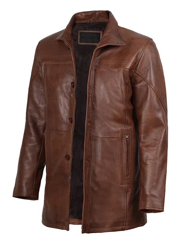 Bristol Men's Vintage Cognac Brown Leather Car Coat