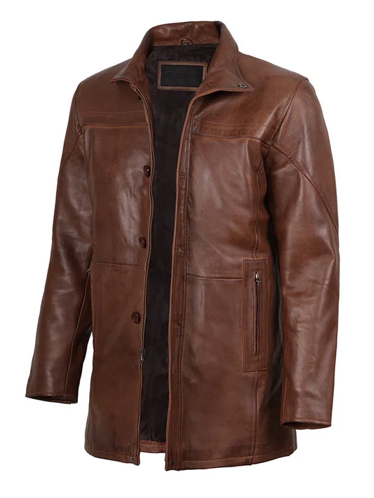 Bristol Men's Vintage Cognac Brown Leather Car Coat