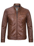 Dodge Men's Cognac Cafe Racer Leather Jacket