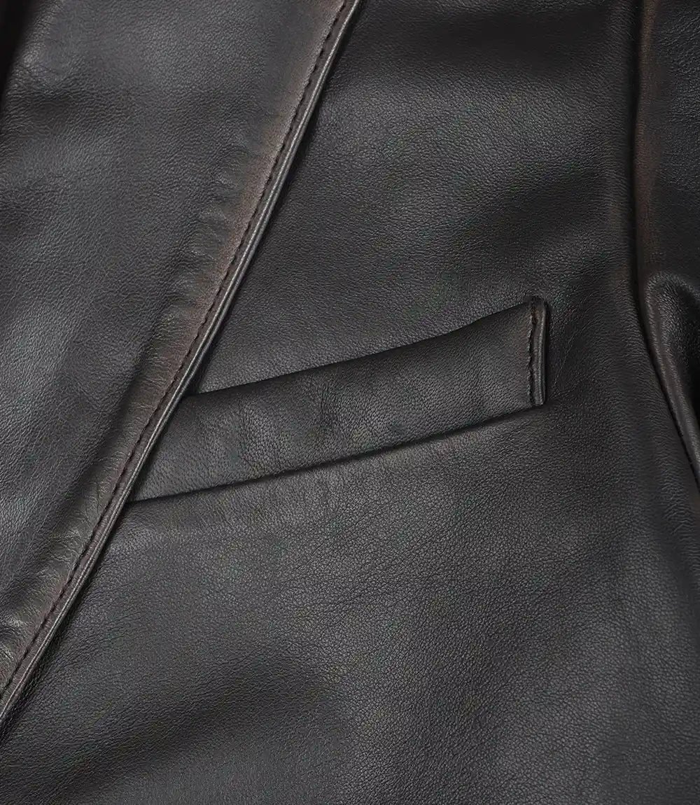 Mens Notch Lapel Distressed Brown Leather Blazer - Two Button