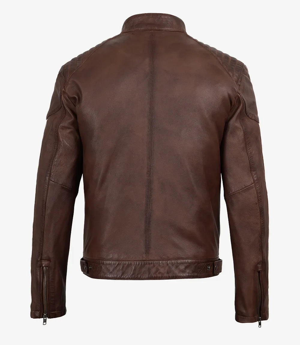 Men's Cognac Waxed Biker Style Jacket - Striped Sleeves
