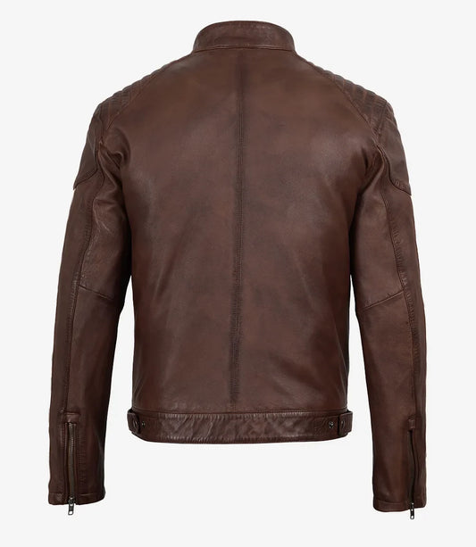Men's Cognac Waxed Biker Style Jacket - Striped Sleeves