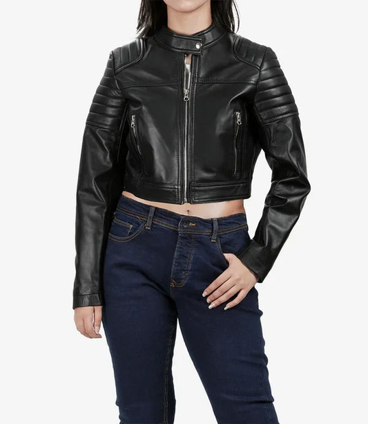 Women's Black Cropped Leather Biker Style Jacket