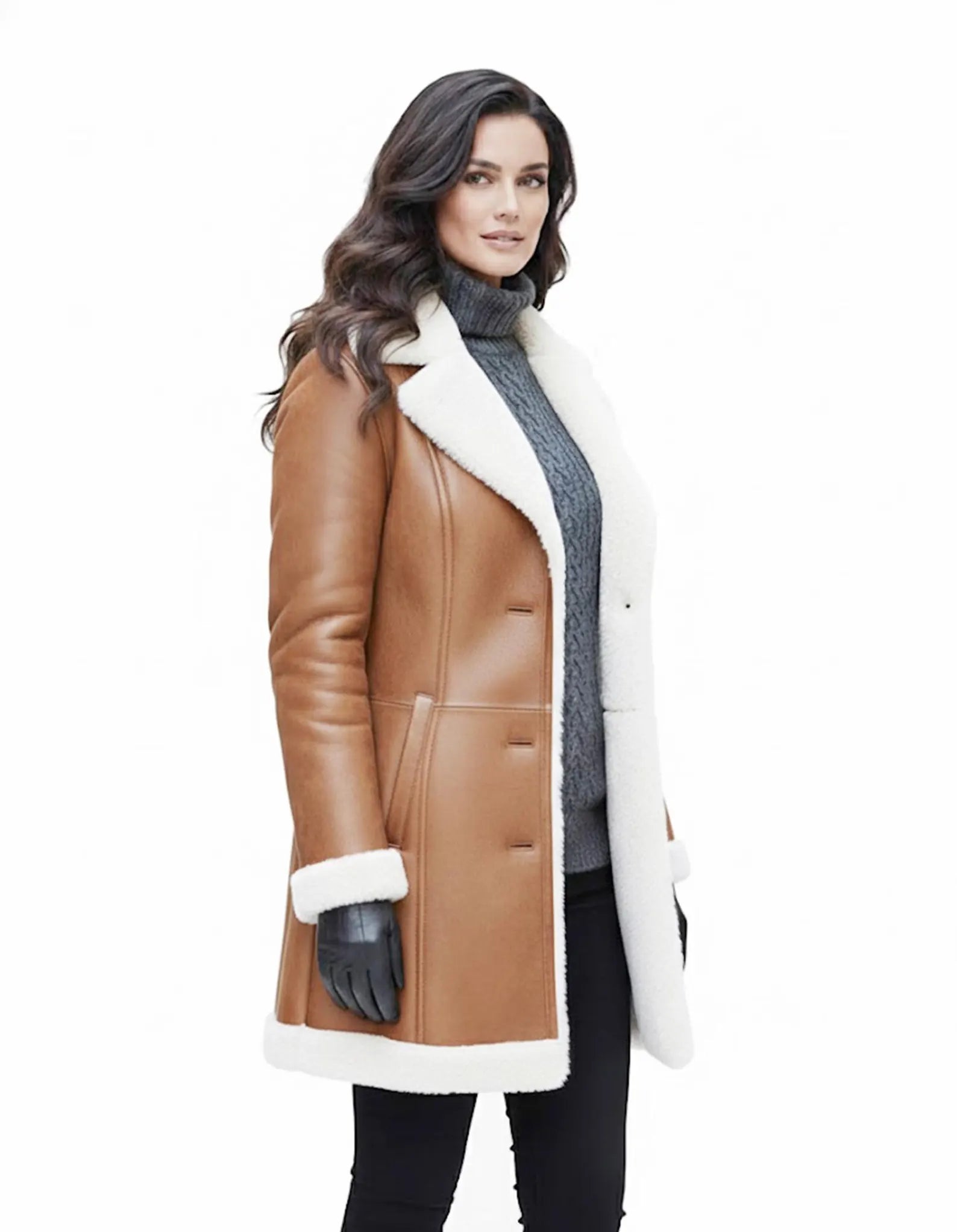 Women’s Genuine Sheepskin Leather Shearling Coat – Real Fur Lined Long Winter Jacket