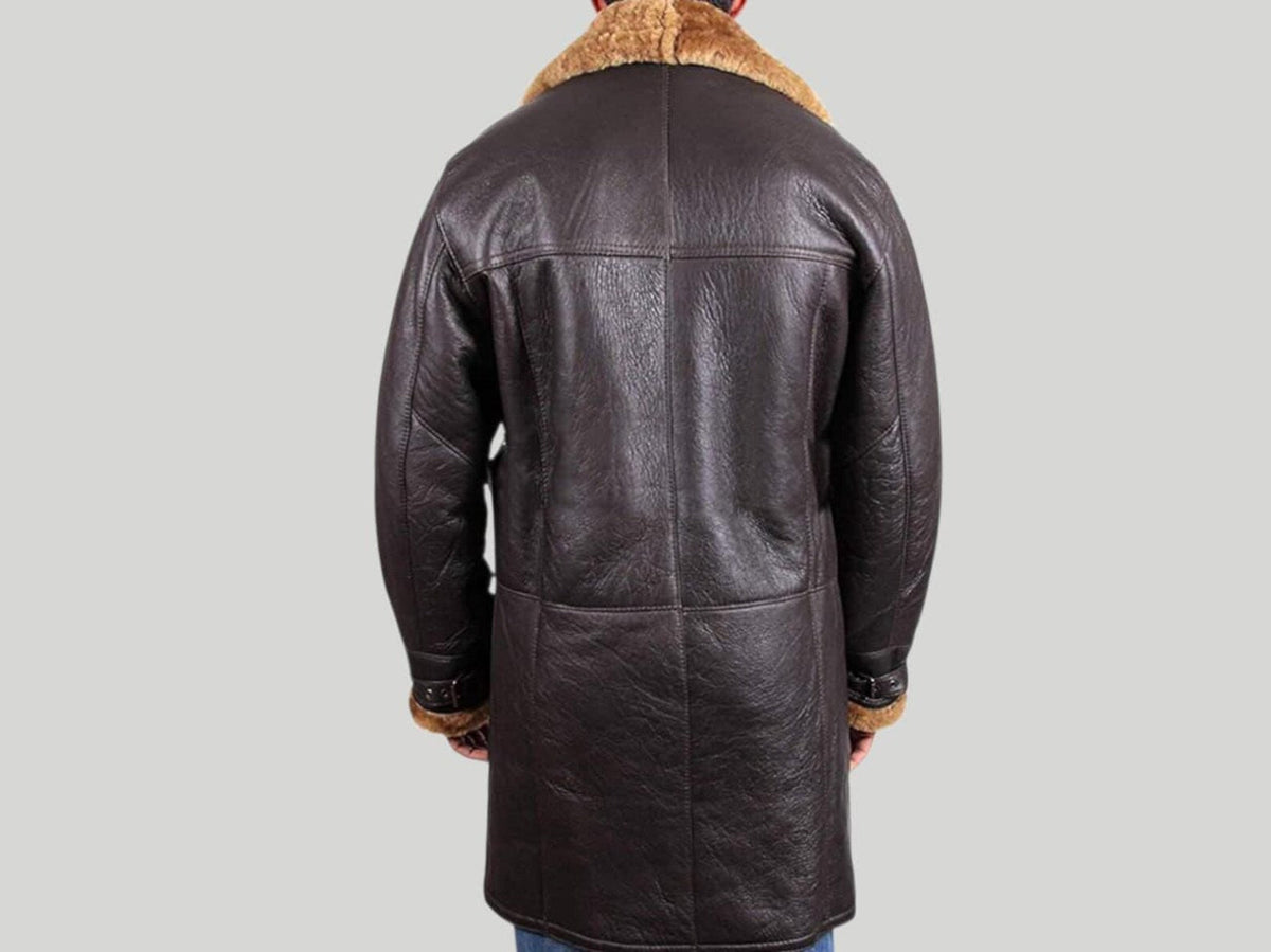 Men's Real Shearling Black Sheepskin Leather Warm Duffle Trench Long Coat Jacket
