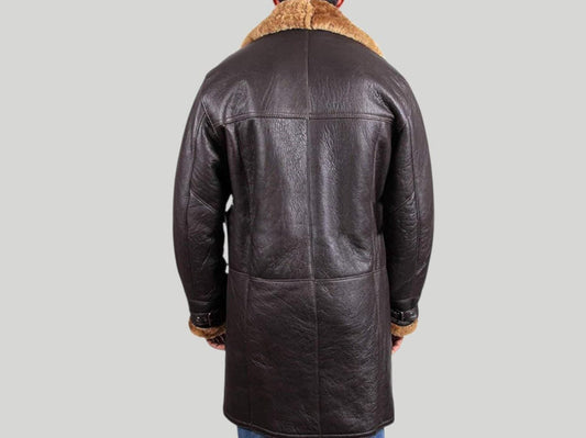 Men's Real Shearling Black Sheepskin Leather Warm Duffle Trench Long Coat Jacket