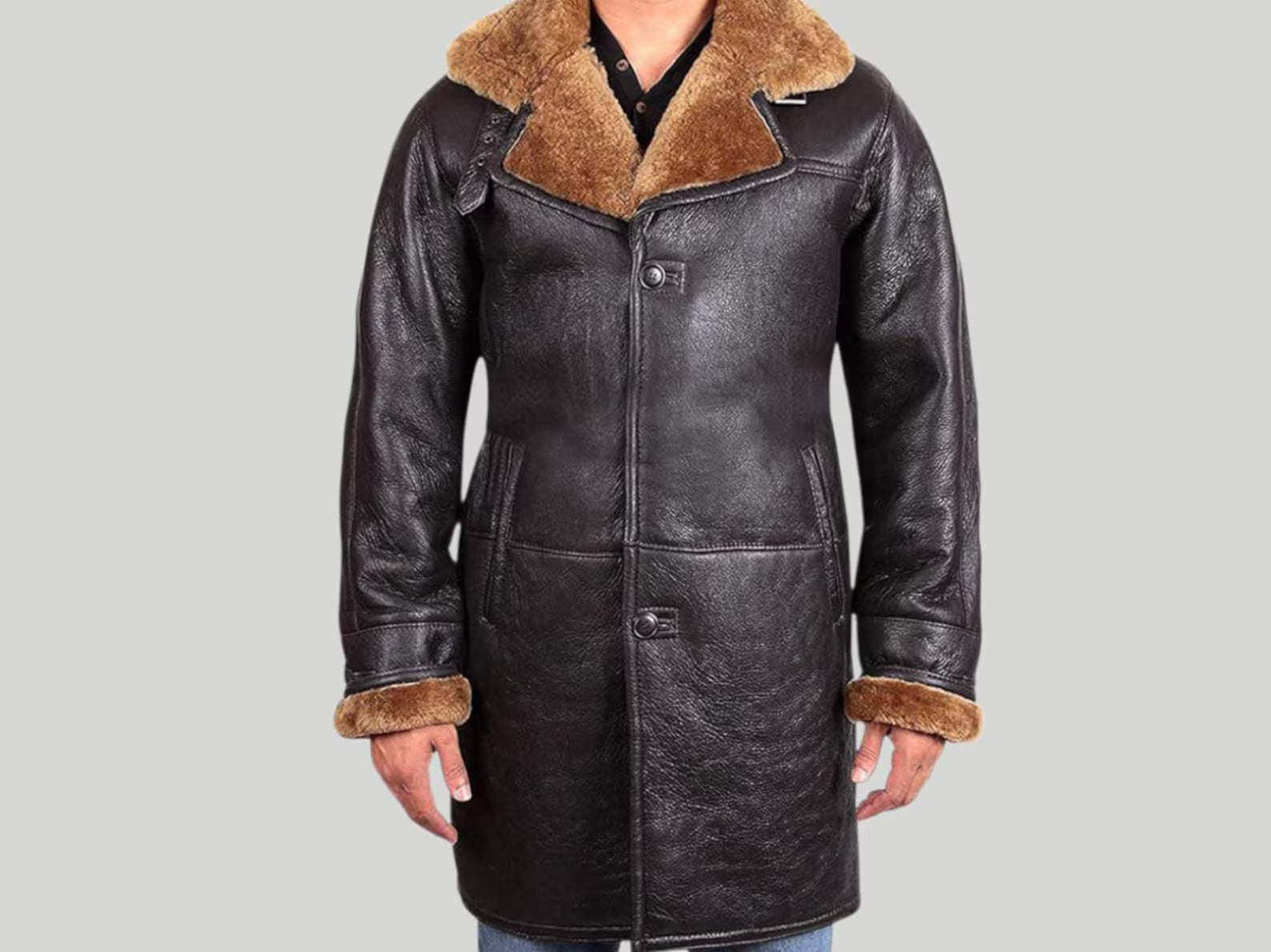 Men's Real Shearling Black Sheepskin Leather Warm Duffle Trench Long Coat Jacket