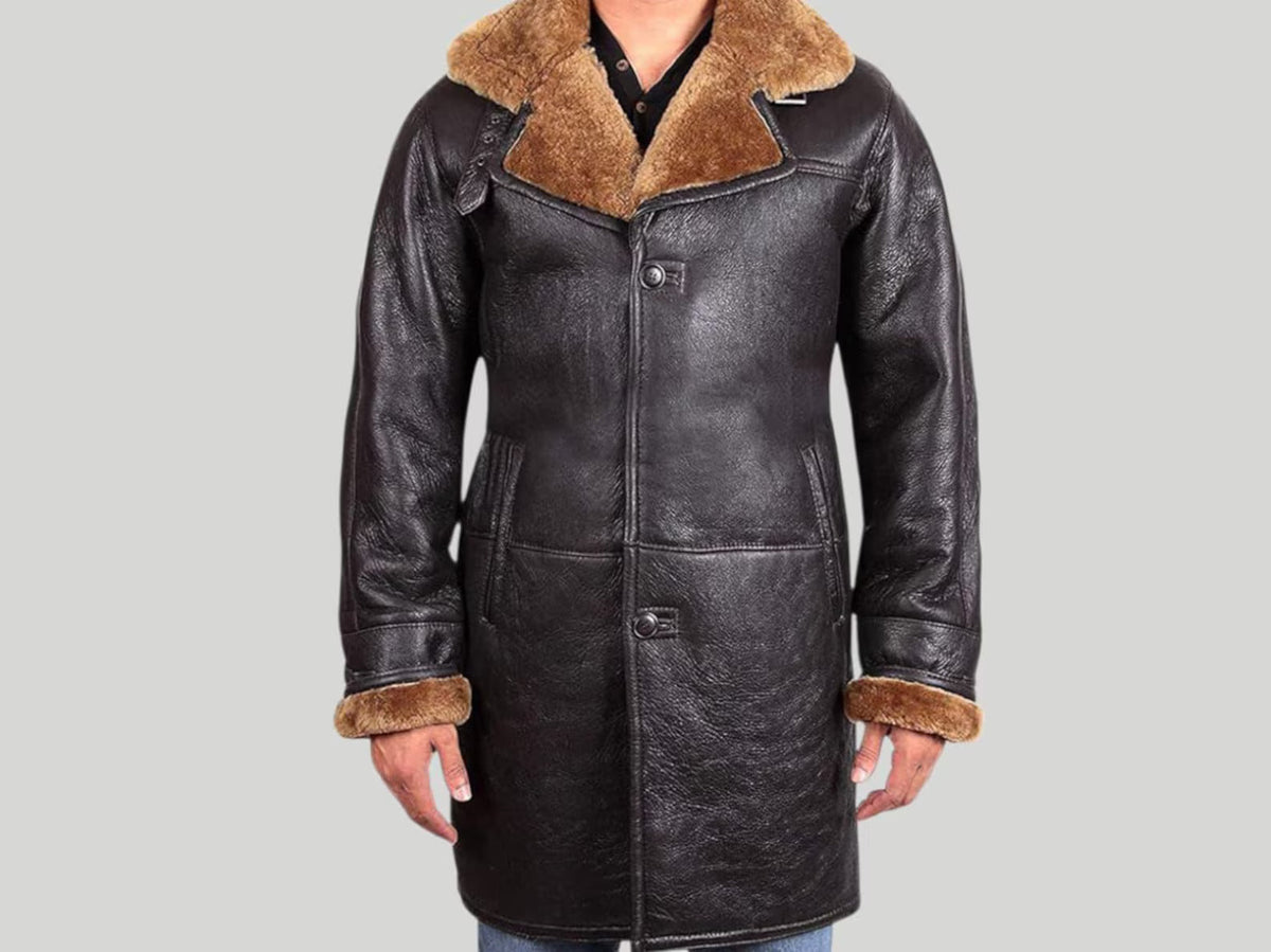 Men's Real Shearling Black Sheepskin Leather Warm Duffle Trench Long Coat Jacket