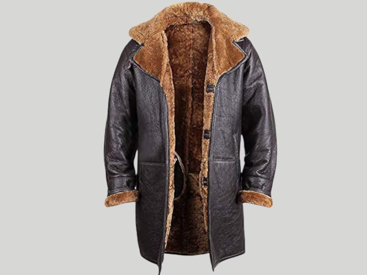 Men's Real Shearling Black Sheepskin Leather Warm Duffle Trench Long Coat Jacket