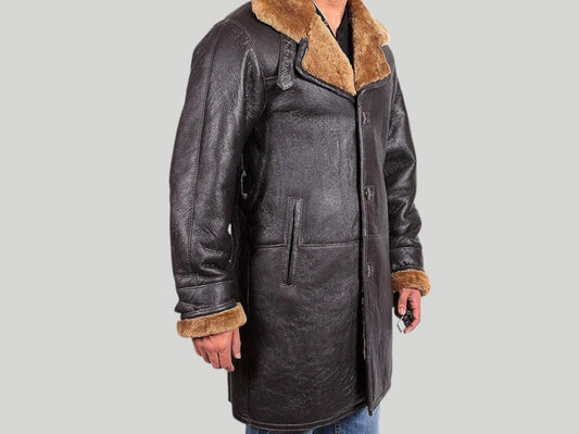 Men's Real Shearling Black Sheepskin Leather Warm Duffle Trench Long Coat Jacket
