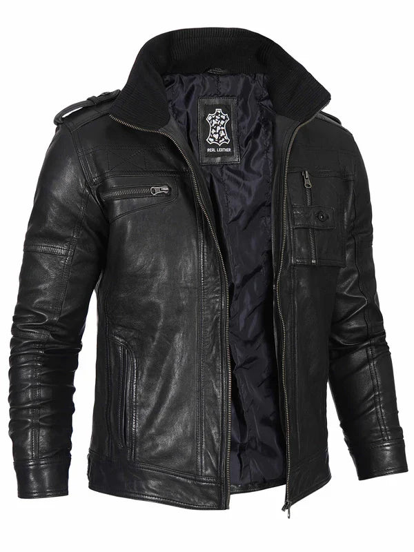 Mens Black Waxed Cafe Racer Leather Jacket