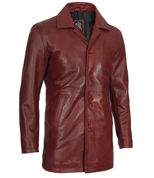 Mens Burgundy Real Lambskin Leather Car Coat