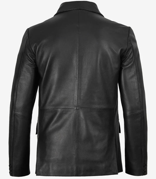 Mens Two Button Black Leather Blazer - Notch Lapel
