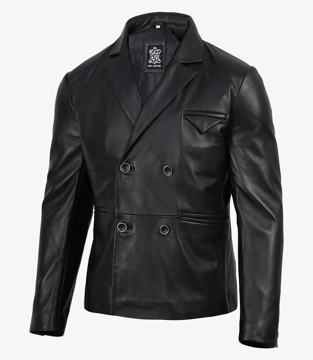 Men's Double Breasted Black Leather Blazer