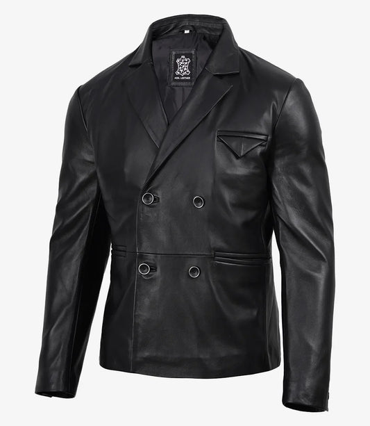 Men's Double Breasted Black Leather Blazer