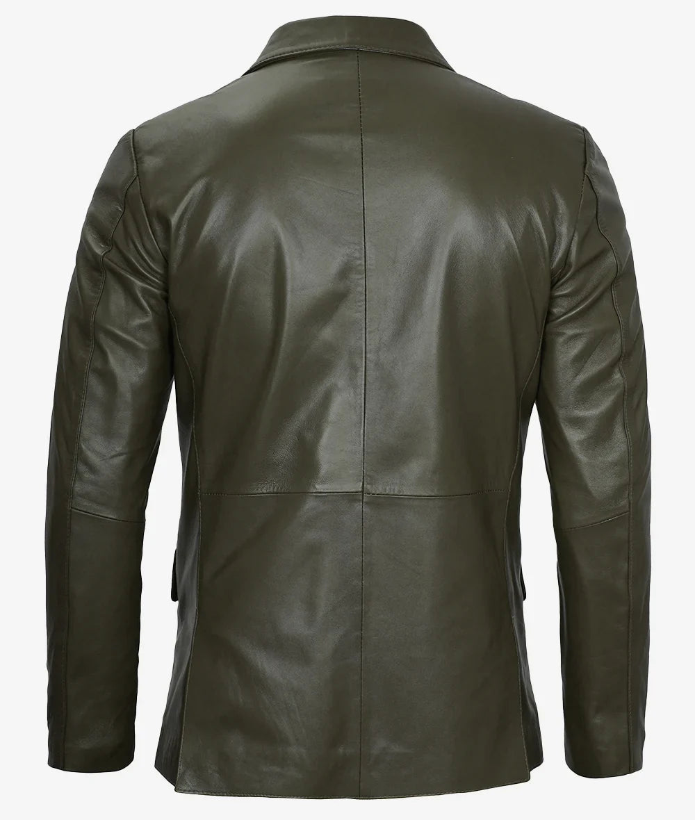 Mens Two Button Olive Green Leather Blazer