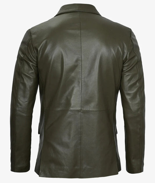 Mens Two Button Olive Green Leather Blazer