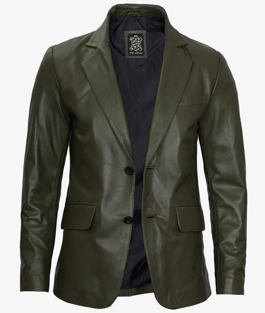 Mens Two Button Olive Green Leather Blazer