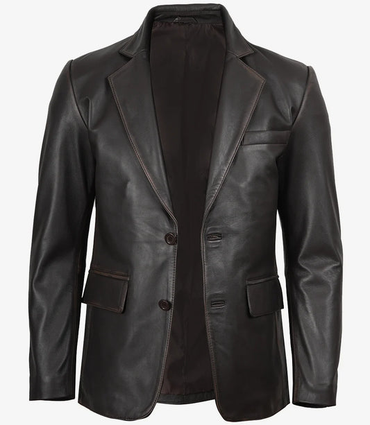 Mens Notch Lapel Distressed Brown Leather Blazer - Two Button